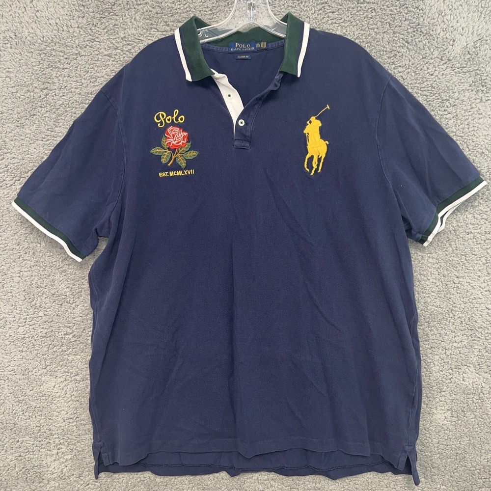 Polo Ralph Lauren Shirt‎ Men's XXL 2XL Blue/Big Pony Rose Patch Embroider *Rare